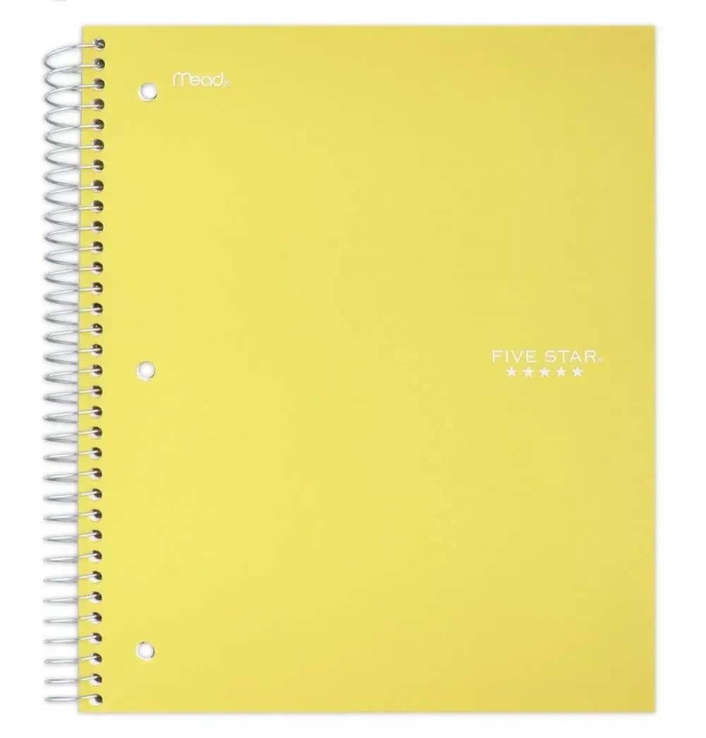 Five Star 1 Subject Notebook Wide Ruled 100 Sheets Yellow Spiral 10.5x8
